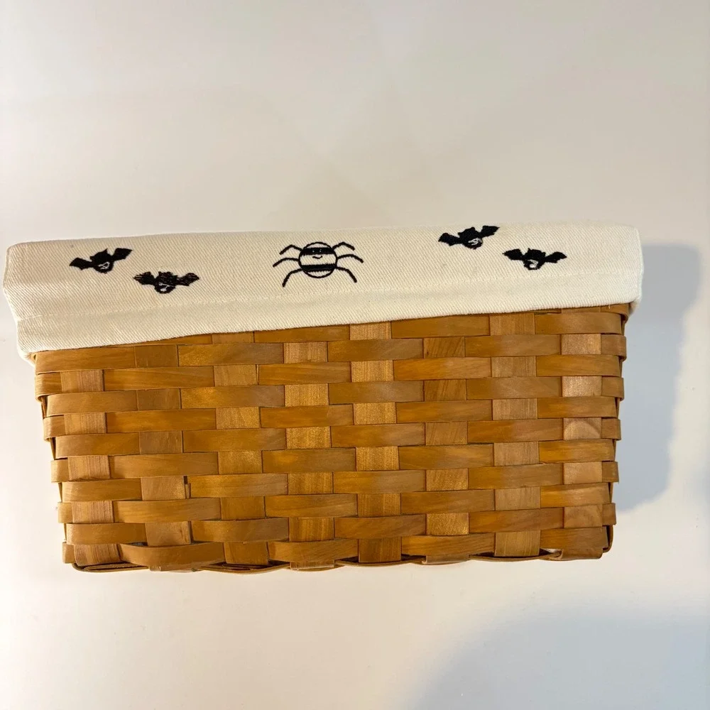 Halloween Woven Wood Basket with Bat and Spider Embroidered Liner Small Storage
